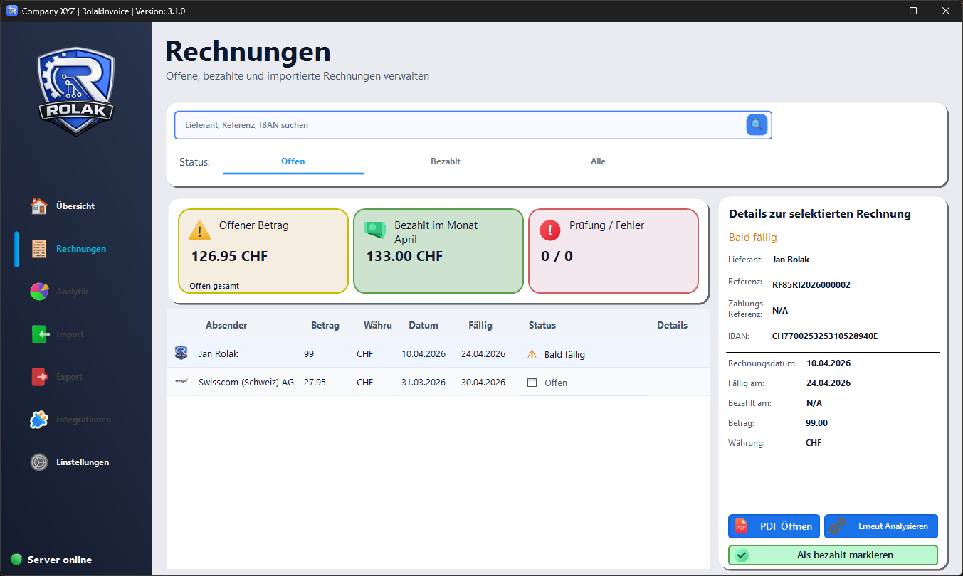 RolakInvoice, automatische Rechnungsverwaltung für KMU